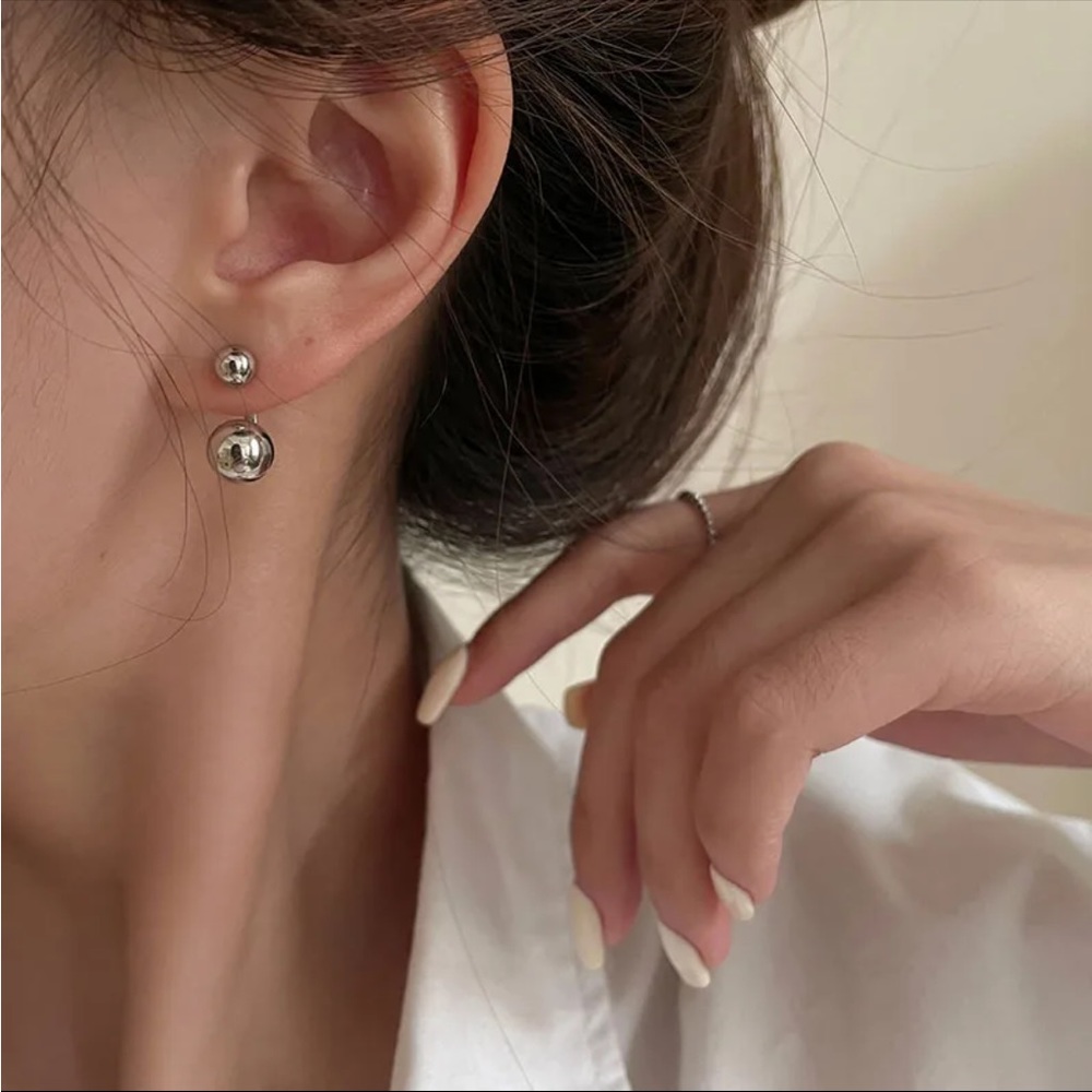 New Silver Ear Jacket Earrings with Double Ball - Picture 4 of 9